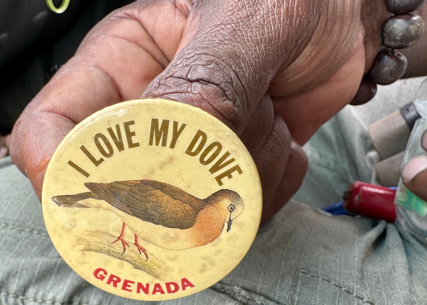 The critically endangered Grenada Dove is shown on a button.