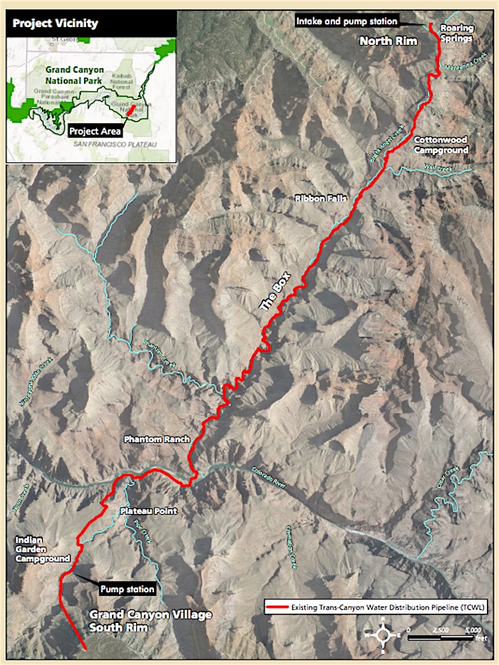 Map of existing Transcanyon Pipeline at Grand Canyon National Park/NPS Map of existing Transcanyon Pipeline at Grand Canyon National Park/NPS