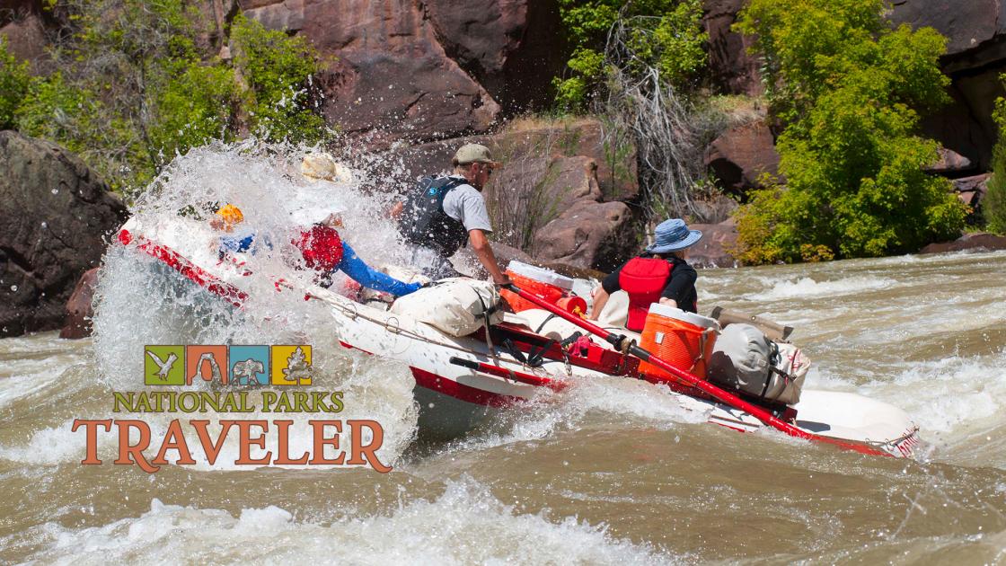 A raft floating down a river in Dinosaur National Monument. Photo by Pat Cone 6-2016.