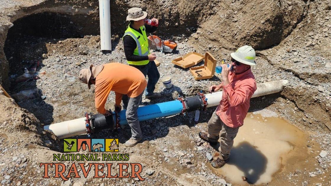 Workers fix broken pipes at Death Valley National Park. NPS photo.