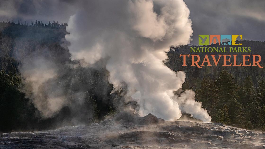 An Early Morning Old Faithful Eruption Aftermath at Yellowstone National Park. Photo by Rebecca Latson.