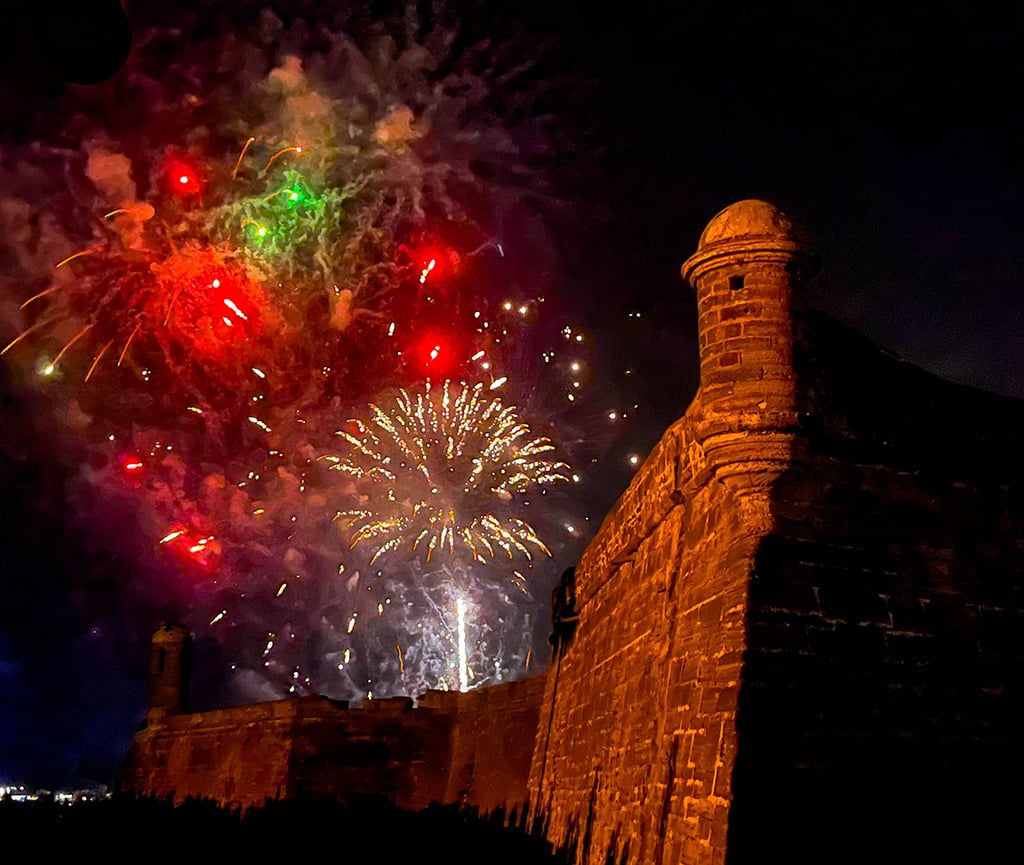 Colorful fireworks over a colonial Spanish fort at Castillo de San Marcos National Monument