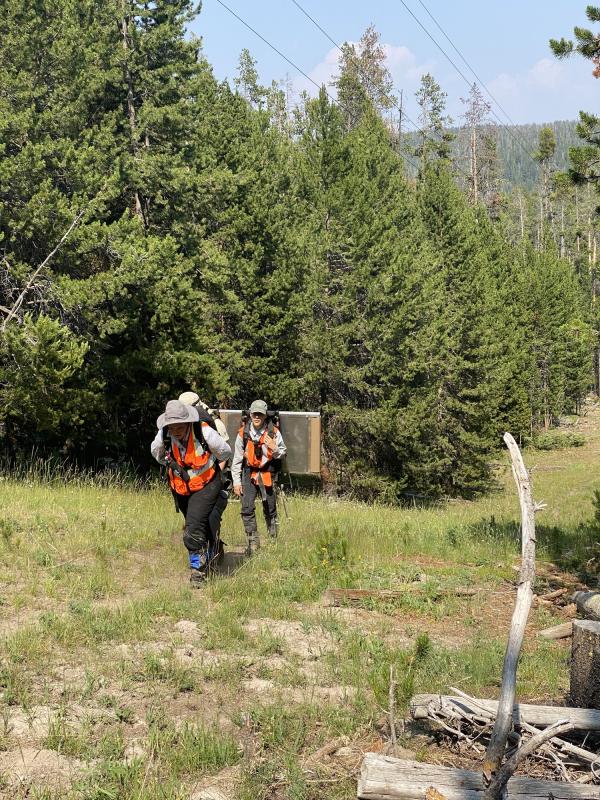 USGS scientists carrying field equipment to set up a gas monitoring station in Yellowstone National Park