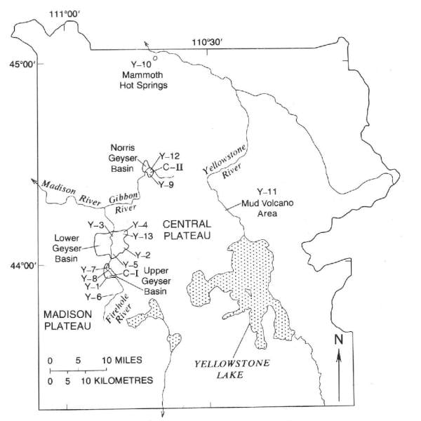 Index map showing locations of 1967–1968 research drill holes in Yellowstone National Park