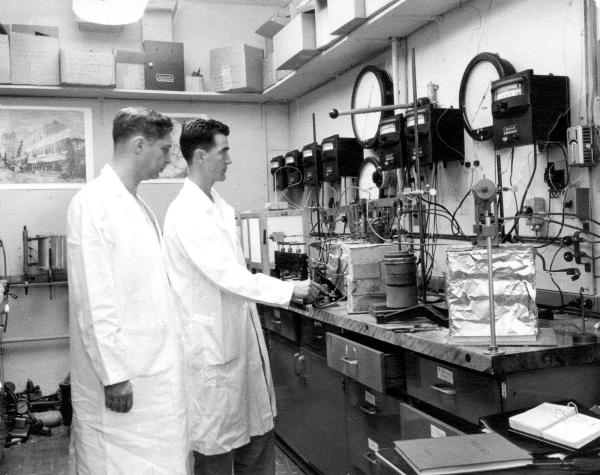 Irving Friedman (left) and William D. Long in 1958 in a USGS laboratory in Washington, D.C.