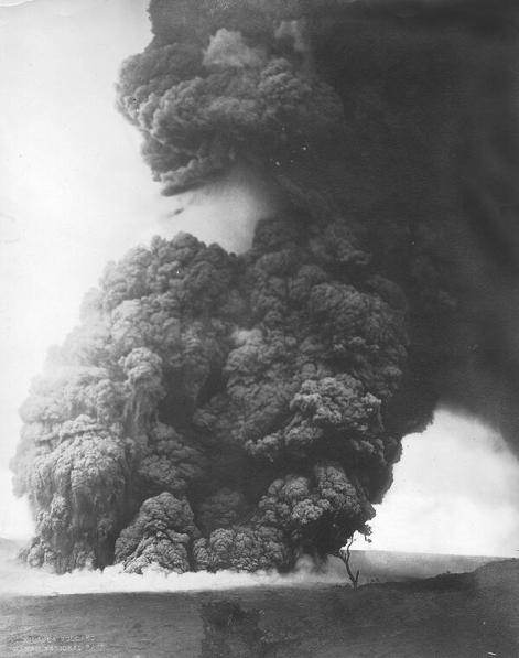 Black and white photograph of explosive eruption