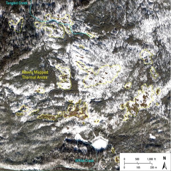 WorldView-2 satellite image showing thermal areas on the north side of Mallard Lake resurgent dome in Yellowstone National Park.