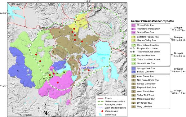 Map of Yellowstone caldera showing the locations and ages of the Central Plateau Member rhyolites