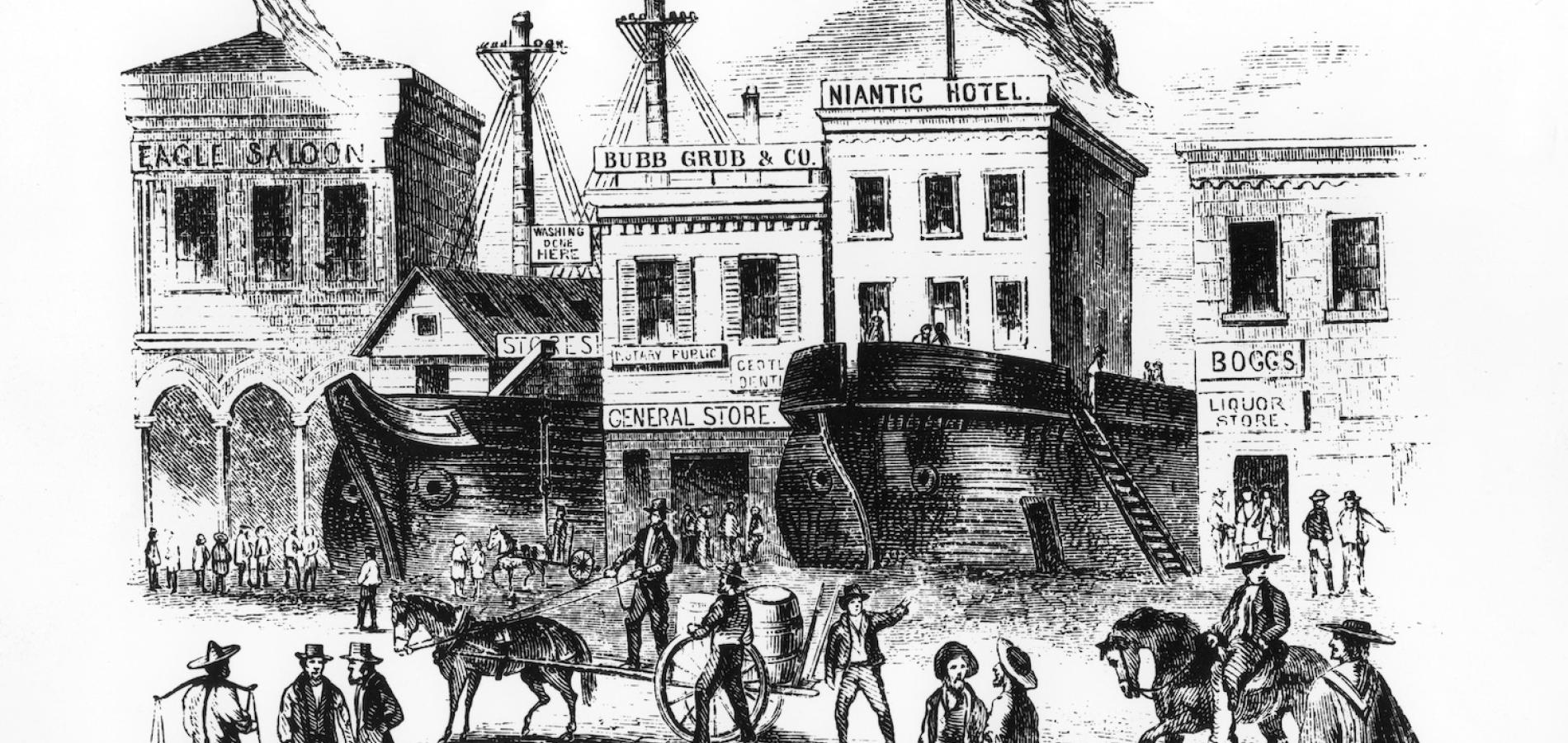 An early lithograph the hull of the Niantic incorporated into a San Francisco hotel/NPSIC as a ho