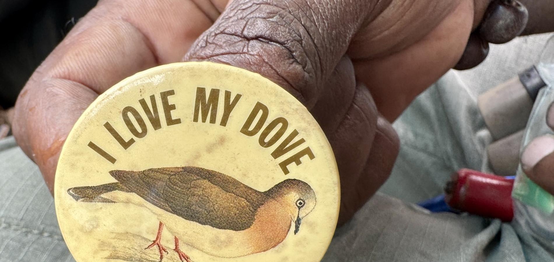 The critically endangered Grenada Dove is shown on a button.