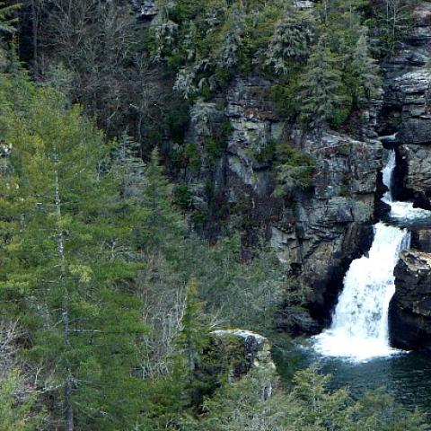 Even on cold gray November day, Linville Falls draws Blue Ridge Parkway hikers.