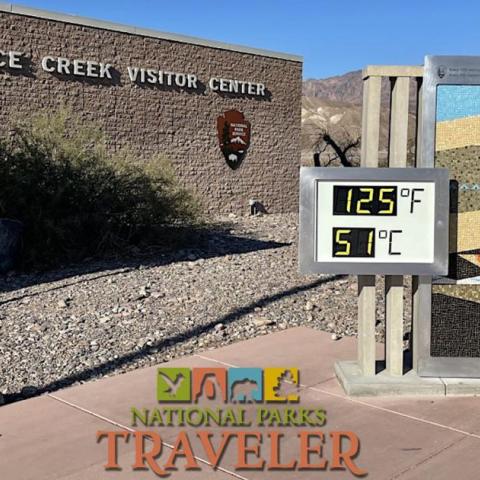 Thermometer at Death Valley displaying 125 degrees Fahrenheit