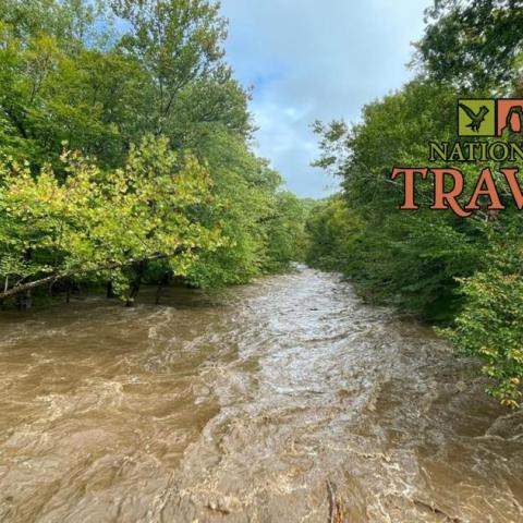 The flooded Oconaluftee River at Great Smoky Mountains National Park 9-27-24. NPS photo.