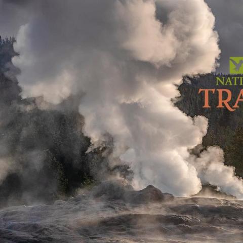 An Early Morning Old Faithful Eruption Aftermath at Yellowstone National Park. Photo by Rebecca Latson.