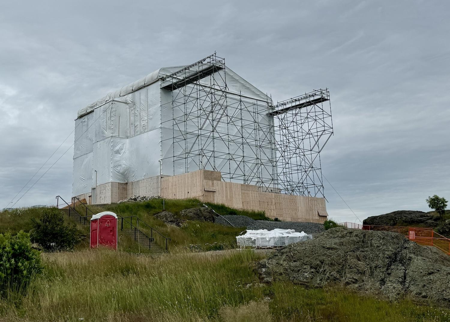 The Carleton Martello Tower is currently wrapped in scaffolding for phase two of a lengthy rehabilitation project.