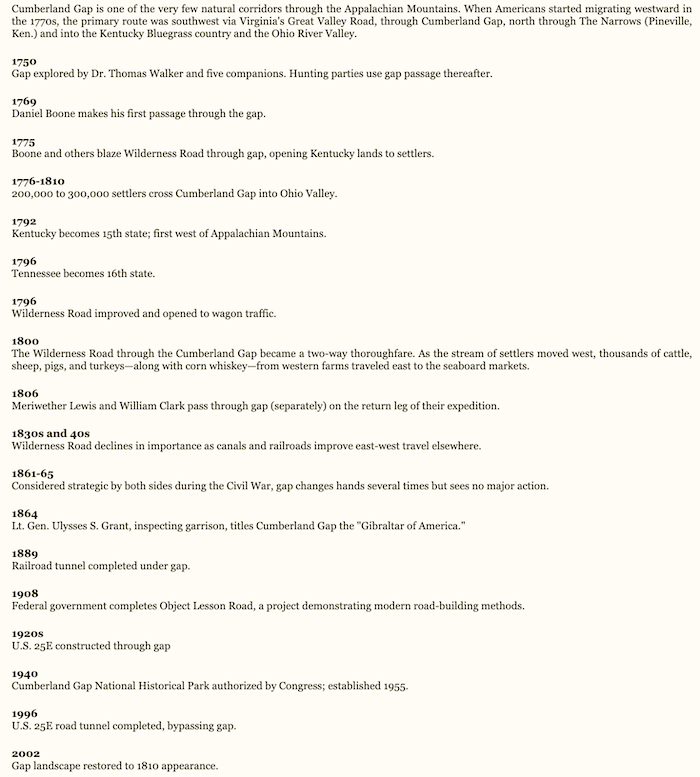 Cumberland Gap human timeline/NPS