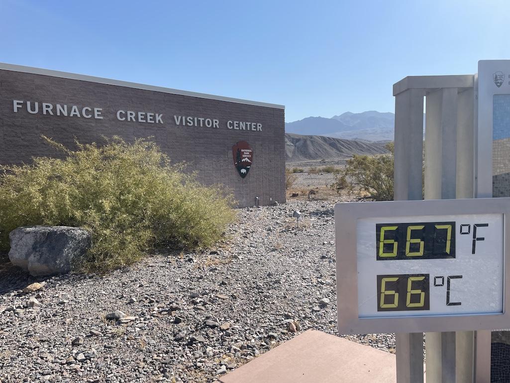 The thermometer display at Furnace Creek Visitor Center stopped working while displaying 667°F. Park staff say it was reseting itself after a power bump when the power completely went off/NPS