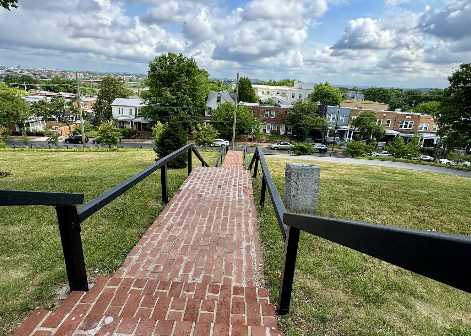 A view of the Anacostia neighborhood from the steps leading to Cedar Hill, once the home of abolitionist Frederick Douglass.