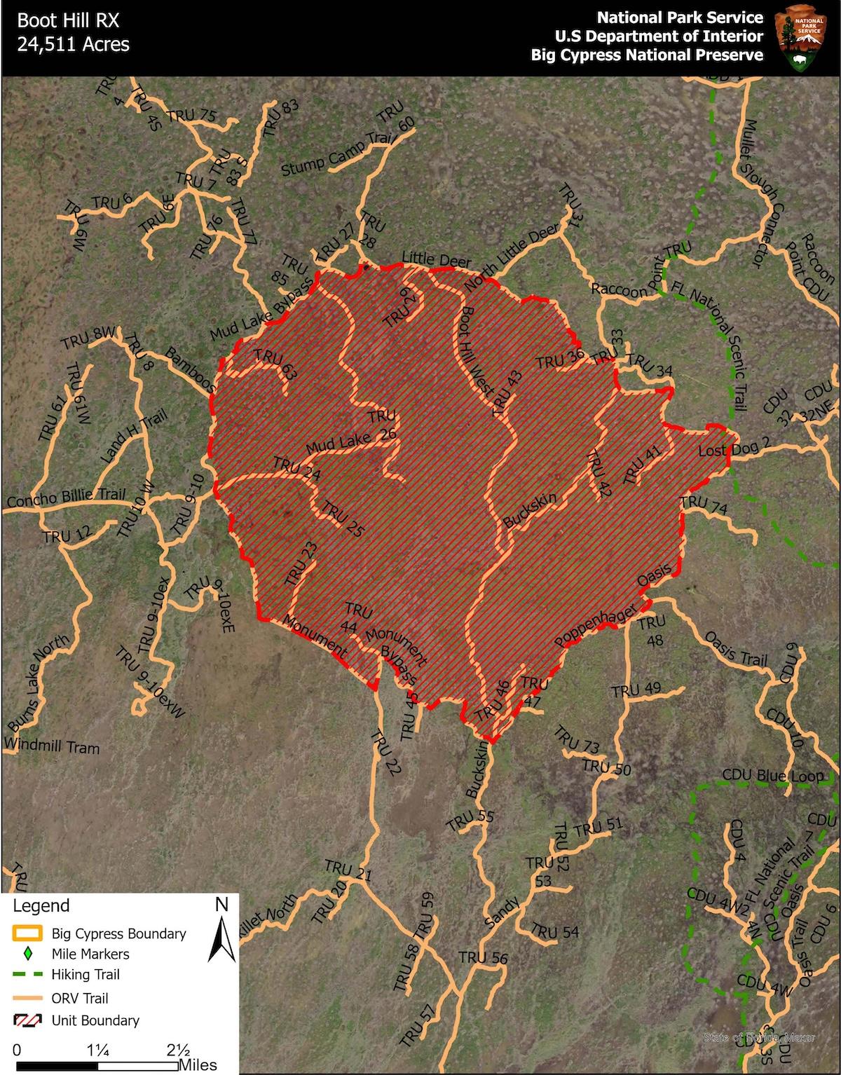 Map showing trails closed for a prescribed burn