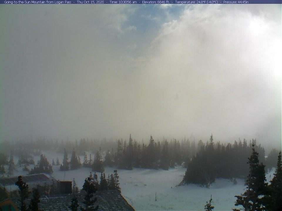 Winter has descended on the upper stretches of the Going-to-the-Sun Road, as this shot from the Logan Pass webcam shows/NPS