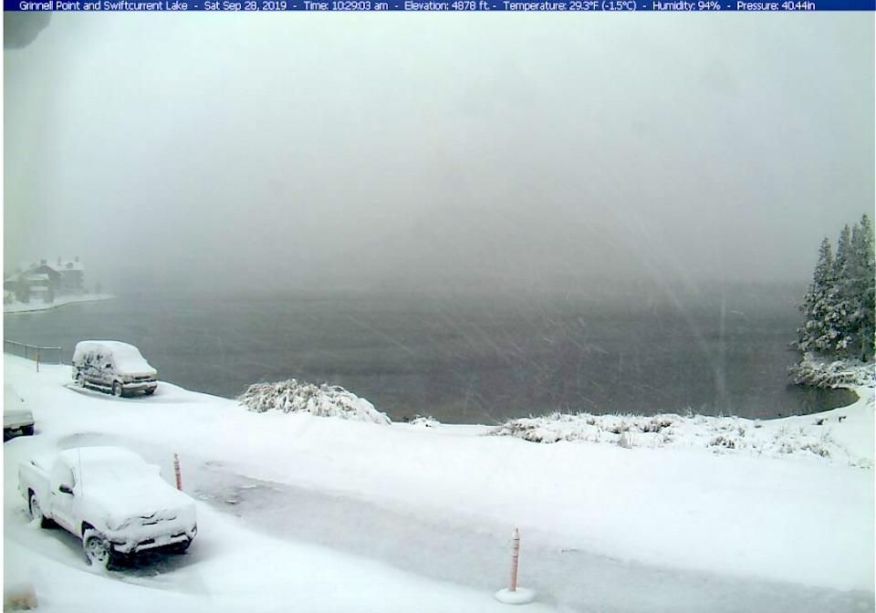 An early season storm was coating Many Glacier with white at Glacier National Park/NPS