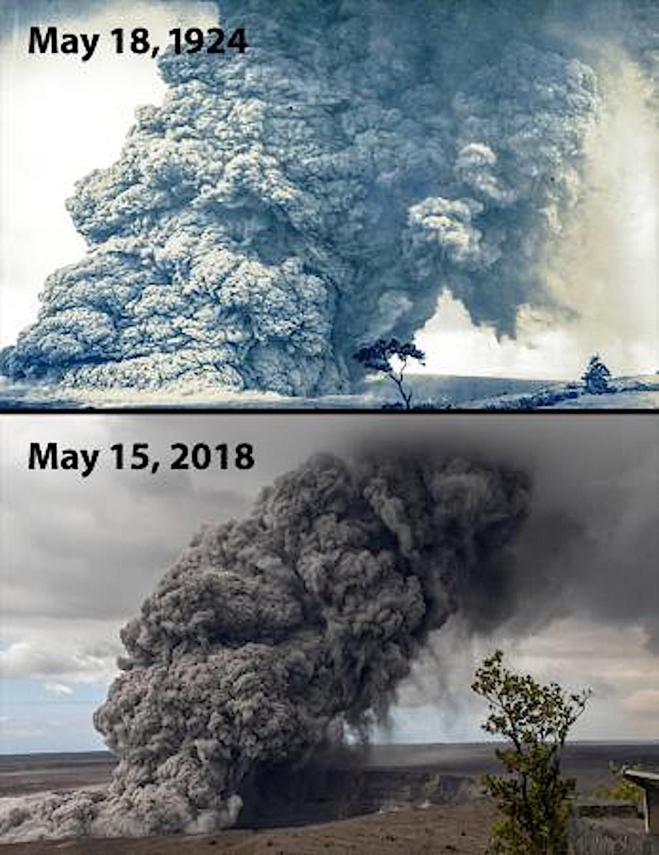 Explosive eruption columns of ash rising from Halema‘uma‘u at 11:15 a.m. on May 18, 1924 (top) and at 11:05 a.m. on May 15, 2018 (bottom) look similar. Researchers are re-evaluating early assumptions about the role groundwater played in triggering these e