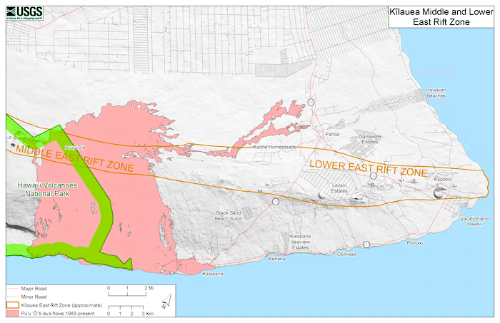 Map of Lower East Rift Zone At Hawai'i Volcanoes National Park/USGS