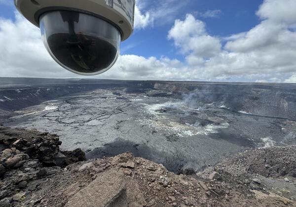 he V1cam webcam, which provides the livestream at the summit of Kīlauea, is a pan-tilt-zoom model that allows HVO staff to adjust the view remotely based on changes in activity in the caldera. USGS photo by M. Patrick.