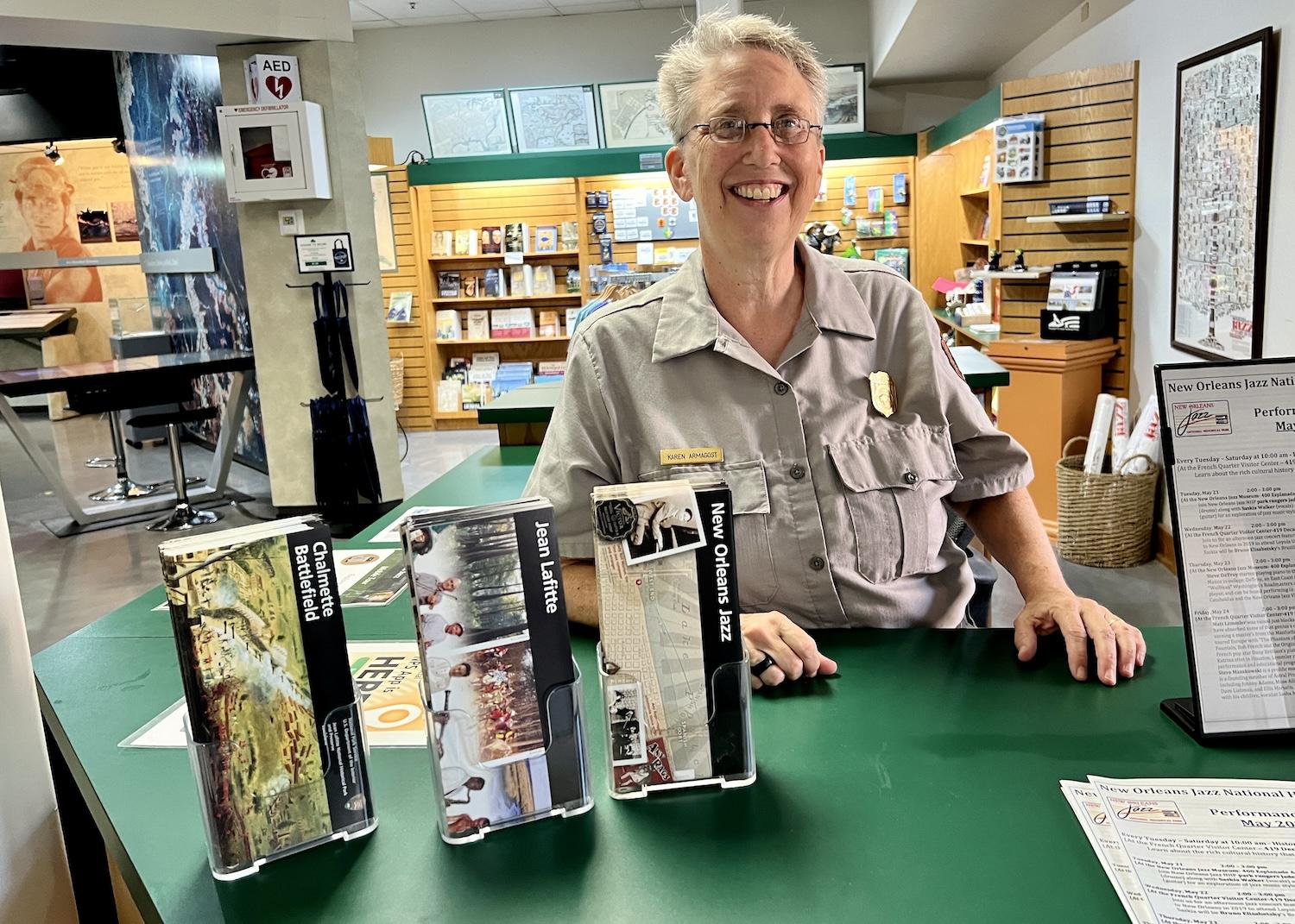 Ranger Karen Armagost works at the combined visitor center for New Orleans Jazz and Jean Latiffe national historical parks. 