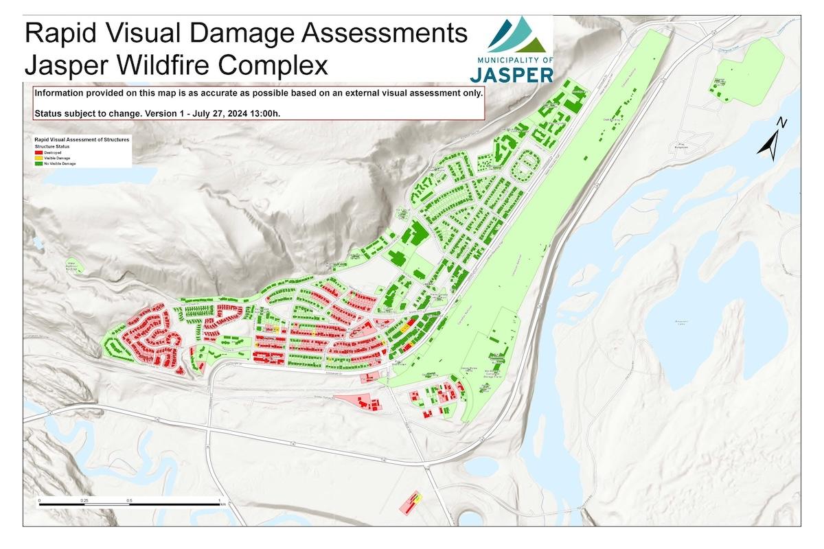 On July 27, a map was released showing which structures in the townsite at Jasper National Park were damaged by wildfire.