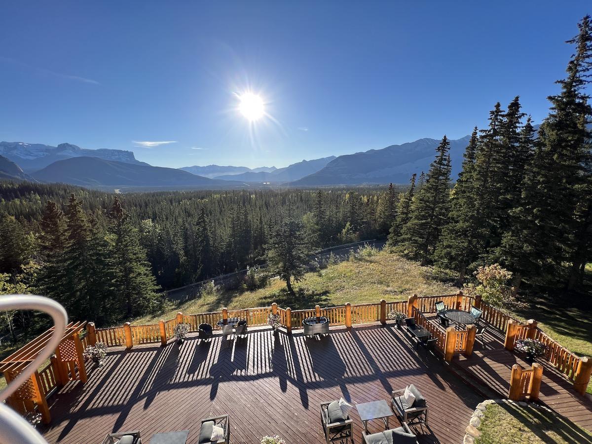 A view of the vast mountain forests of Jasper National Park from Overland Mountain Lodge at the eastern edge of the Alberta park.