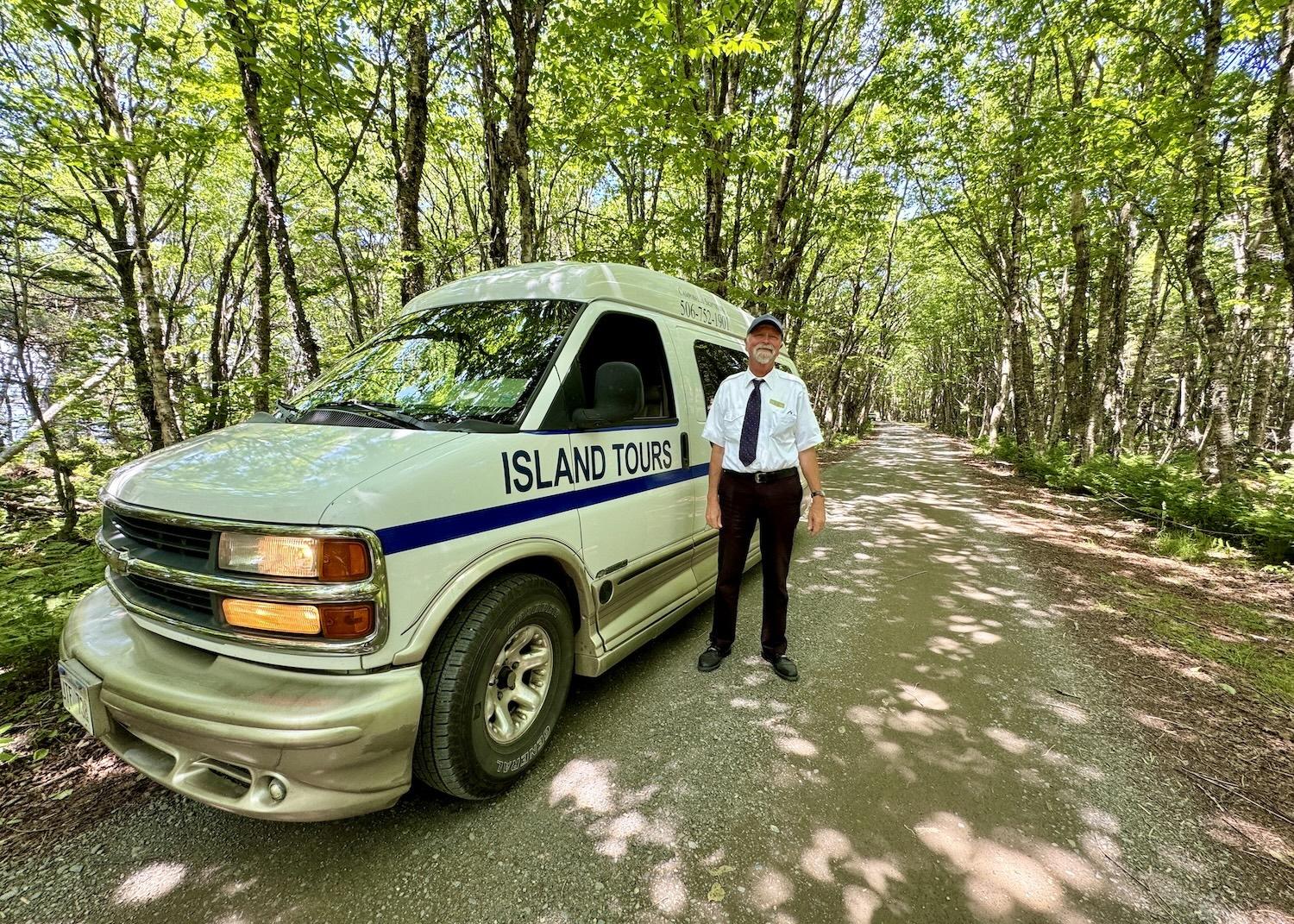 Campobello Sightseeing's Peter Harwerth drives down some of the Roosevelt Campobello International Park carriage roads.