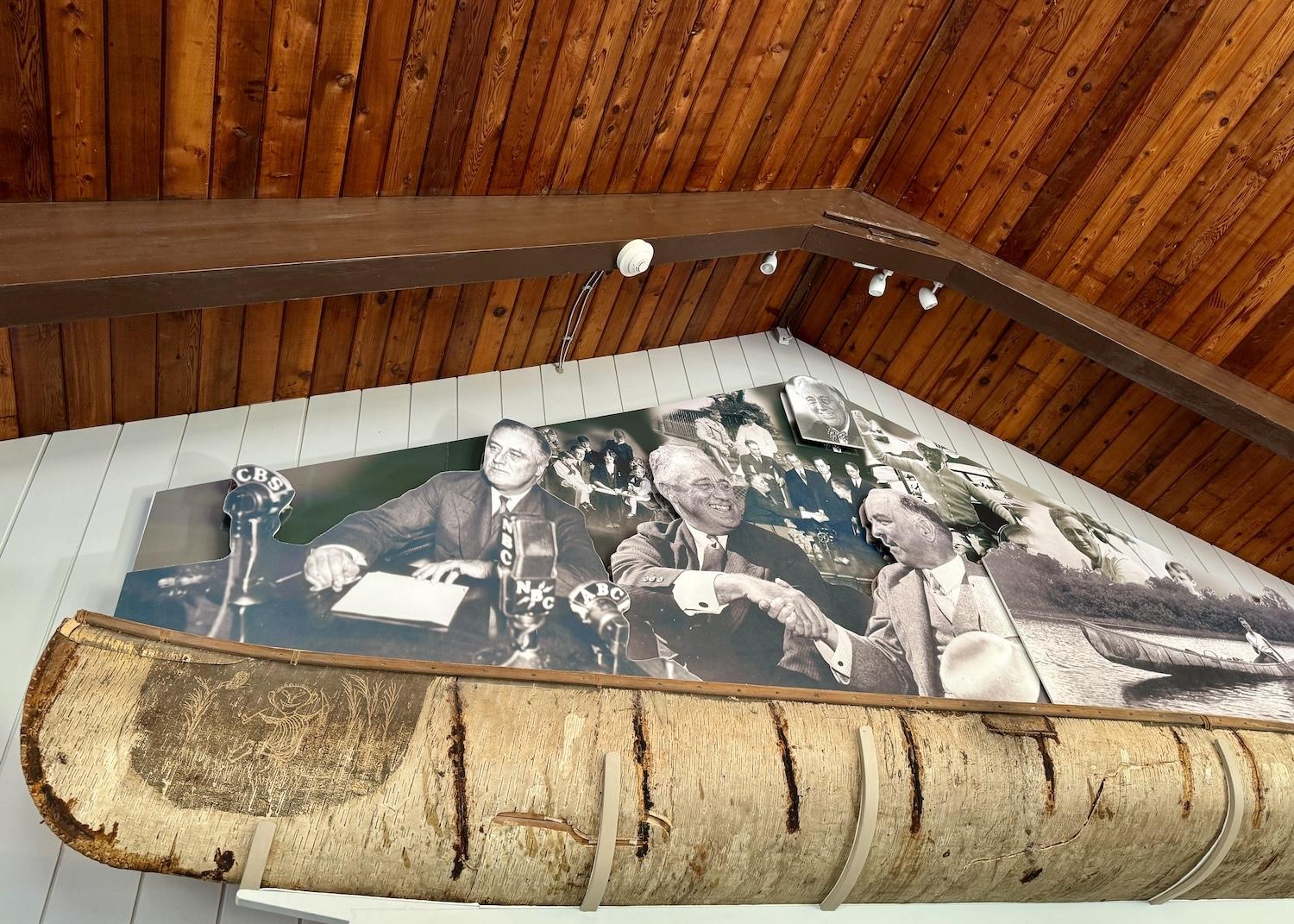 A birchbark canoe made by Passamaquoddy Elder Toma Joseph for FDR hangs in the visitor center.