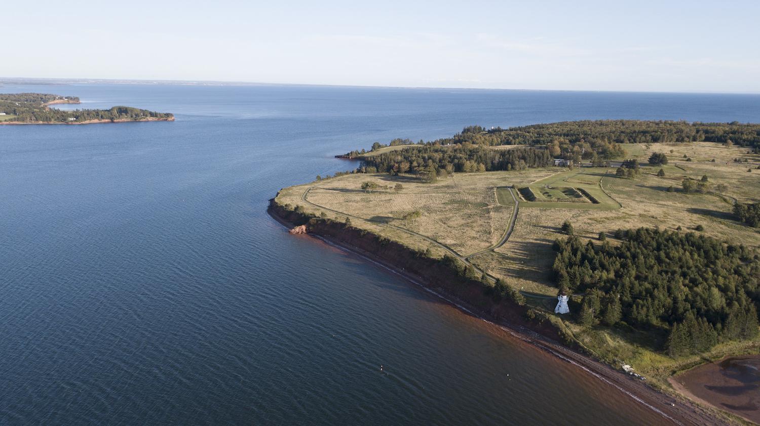 An aerial view of Skmaqn—Port-la-Joye—Fort Amherst National Historic Site in Charlottetown Harbour in Prince Edward Island.