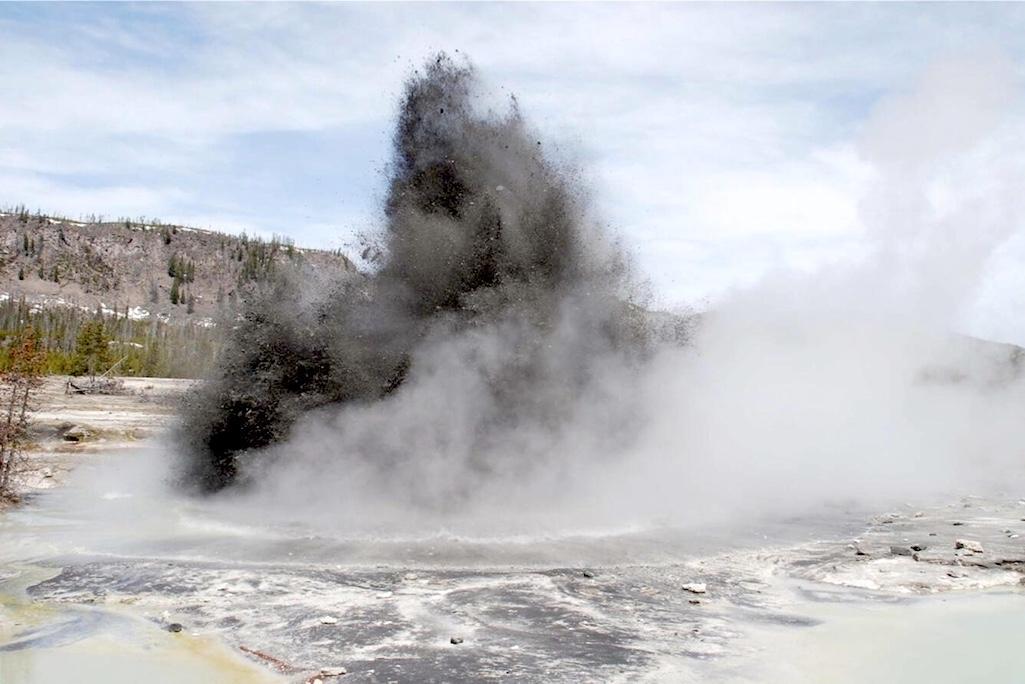 Small hydrothermal explosion, or a "dirty eruption," in 2009 from Wall Pool at Biscuit Basin in Yellowstone National Park. These types of events are the most common geologic hazard to occur in Yellowstone National Park.