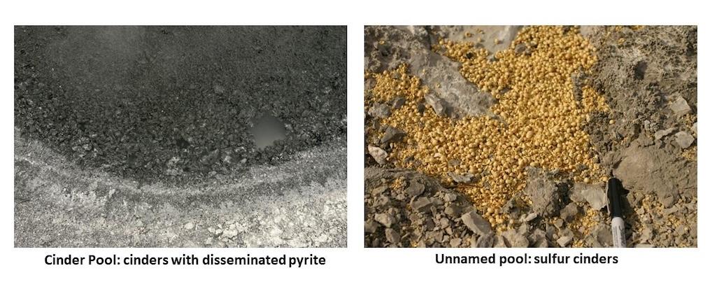 A comparison of black cinders from Cinder Pool, in Norris Geyser Basin (left), with yellow cinders from an unnamed pool in the West Nymph Creek thermal area (right). The Cinder Pool cinders are black due to finely dispersed pyrite, whereas the yellow colo