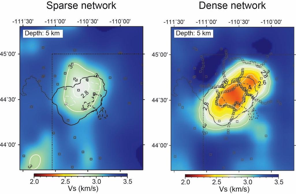 Comparison between the velocity structures outlining the Yellowstone’s upper-crustal magma reservoir at 5 km (3 mi) depth based on sparse (left) and dense (right) seismic networks. The open squares denote the locations of seismic sensors. Warmer color ind