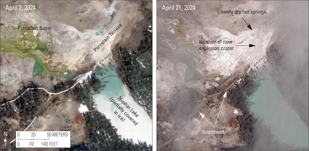 High-resolution satellite images of Norris Geyser Basin showing the area of Porcelain Basin and Nuphar Lake in April 2024.