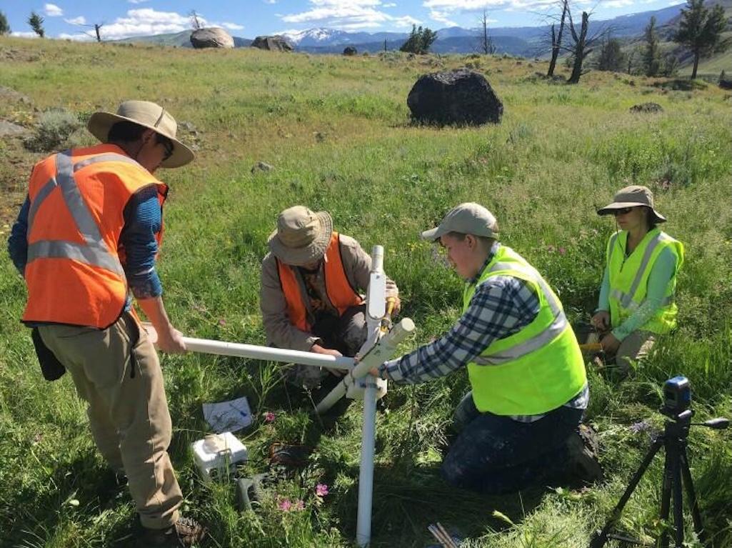 Field crew from Oregon State University and University of Wisconsin-Madison install a magnetotelluric site within Yellowstone National Park.