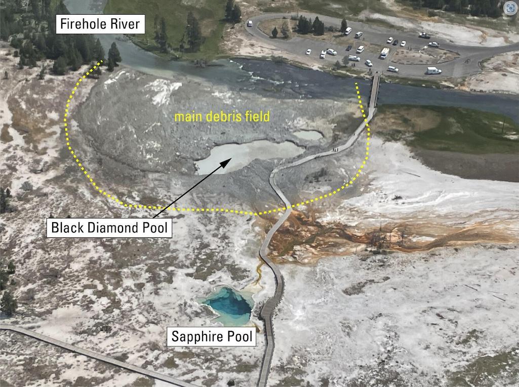 Aerial view of Biscuit Basin, Yellowstone National Park, showing debris deposited by the July 23, 2024, hydrothermal explosion from Black Diamond Pool