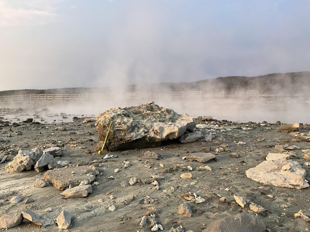 This boulder is the largest that is confirmed to have been part of the July 23, 2024, hydrothermal explosion from Black Diamond Pool, Biscuit Basin, Yellowstone National Park./Lauren Harrison, Colorado State University